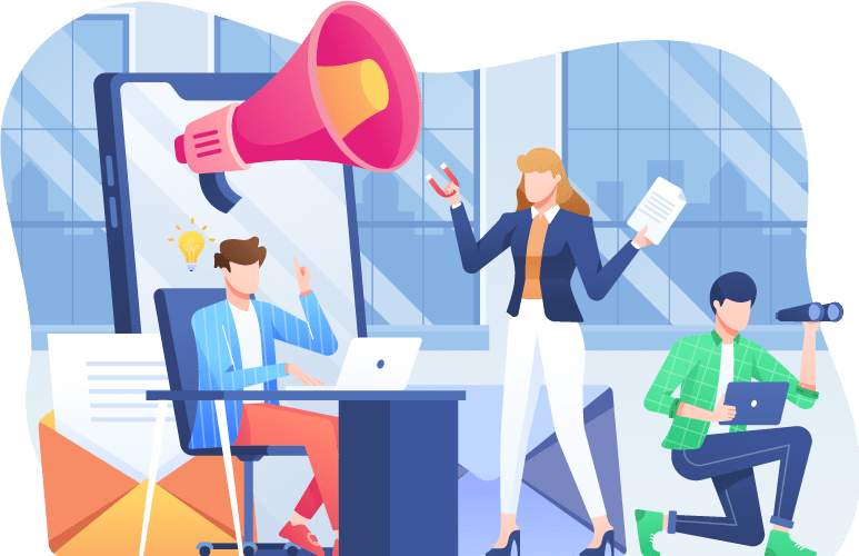 Ilustración de marketing digital con paneles de analítica