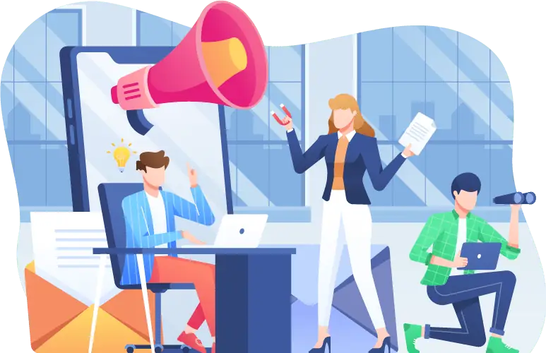 Ilustración de un equipo de marketing digital con un megáfono, una laptop y un correo